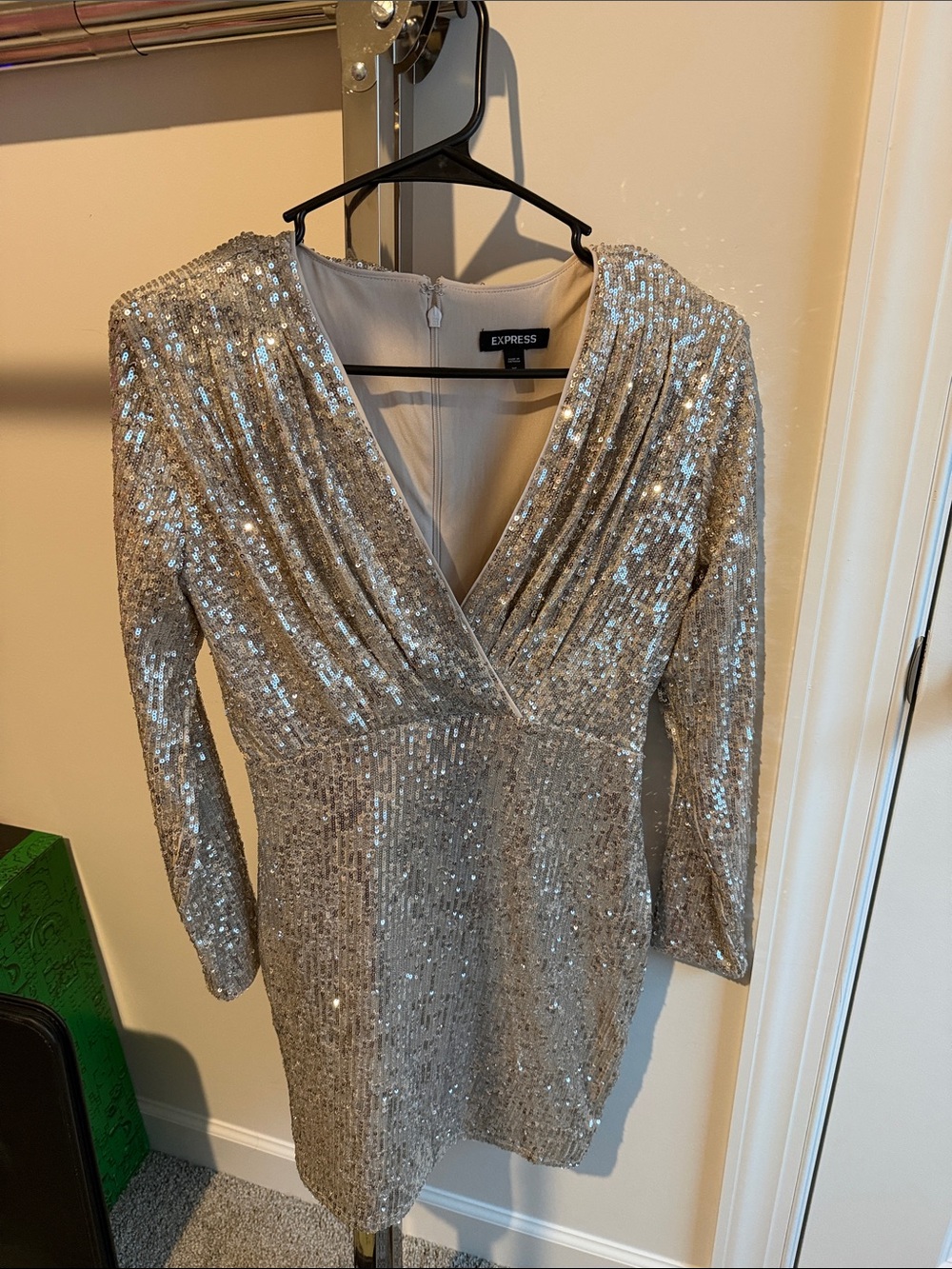 Express Silver Sequin Long-Sleeve V-Neck Dress